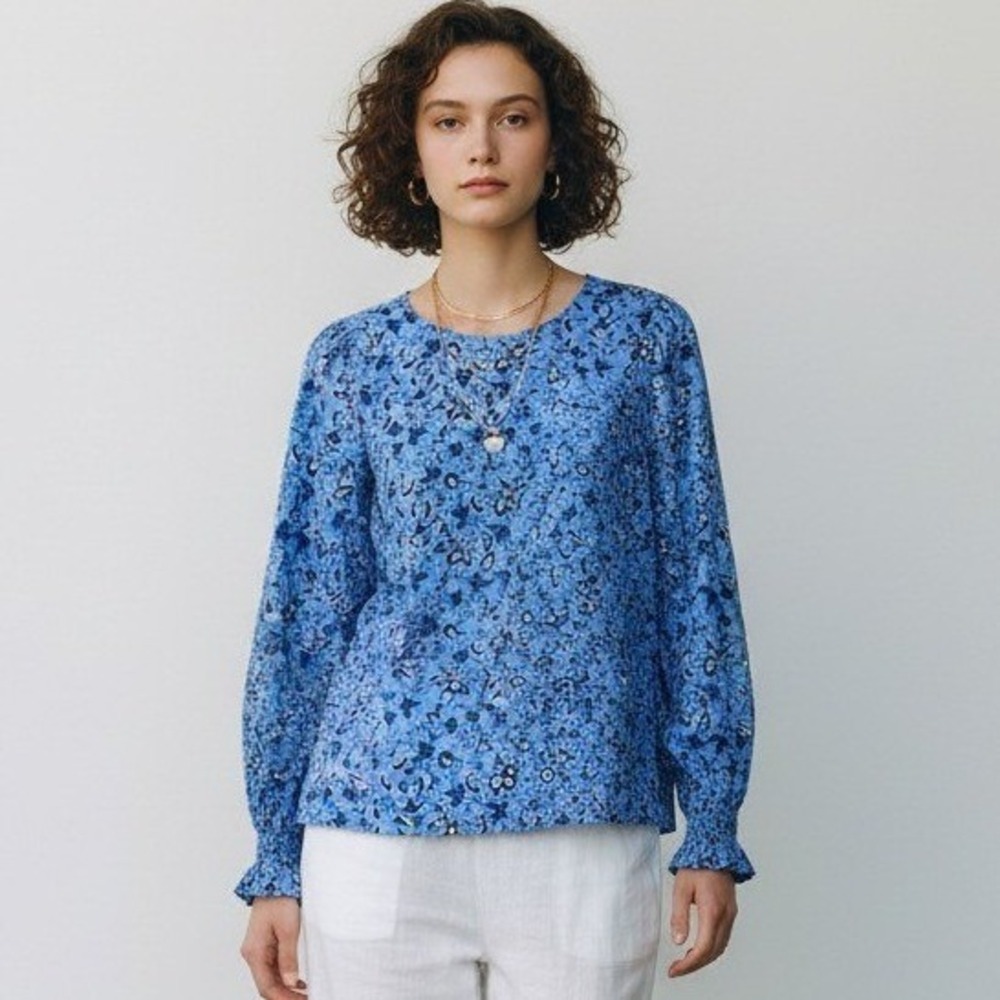 J.Crew Blue Floral Paisley Smocked Cuff Poplin Top S Long Sleeve Crew Neck